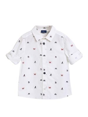 Boys White Printed Long Sleeve Woven Shirt